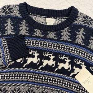 Aspen Mens Medium Navy Blue Fair Isle Reindeer Cotton Knit Crewneck Sweater NWT